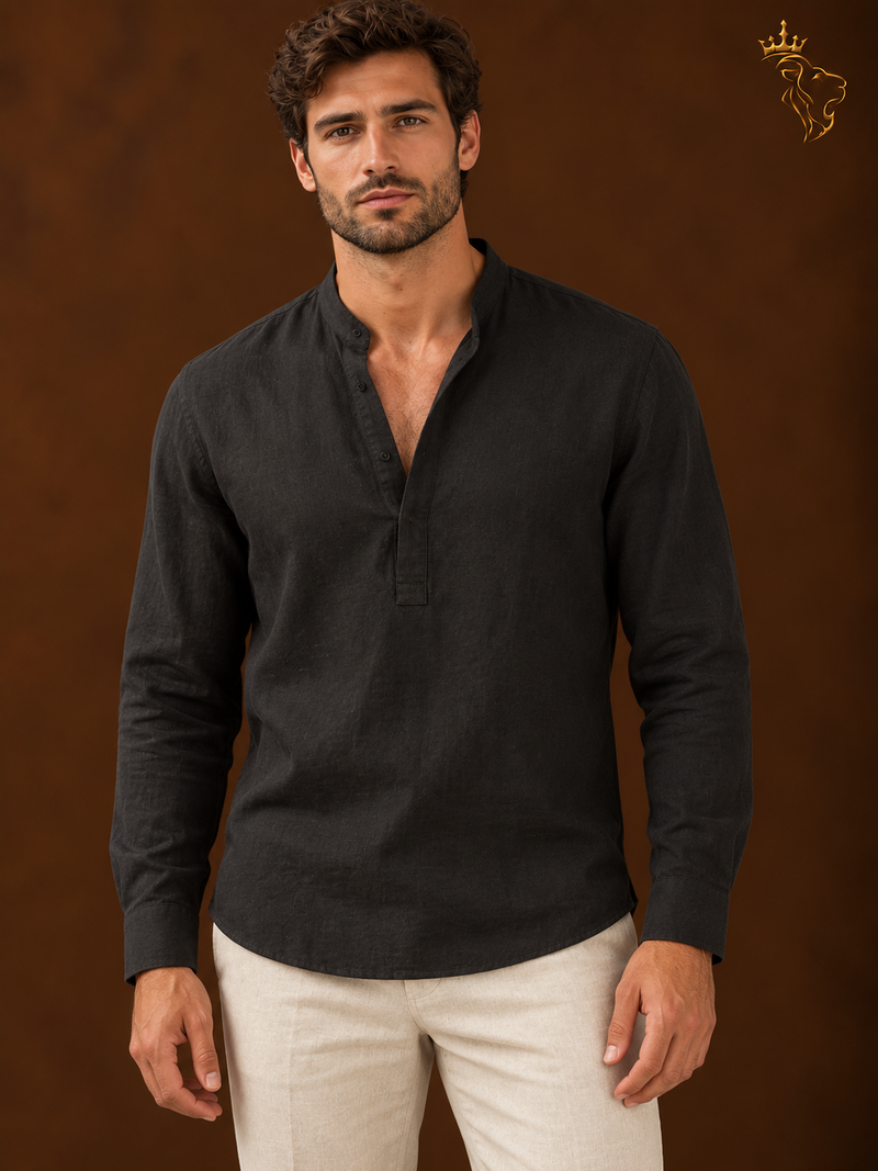 Men's Long Sleeved V Neck Casual Beach Linen Shirt For Men