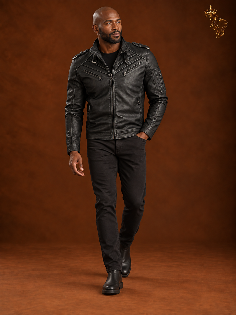 Men's Black Pu Leather Biker Jacket VINTAGE REAL MOTORCYCLE JACKETS FOR MEN