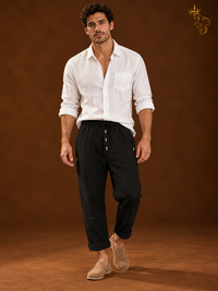 American Beach Pants Solid Color Cotton Linen Loose Drawstring Button Casual Trousers Men