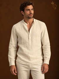 Men's Long Sleeved V Neck Casual Beach Linen Shirt For Men